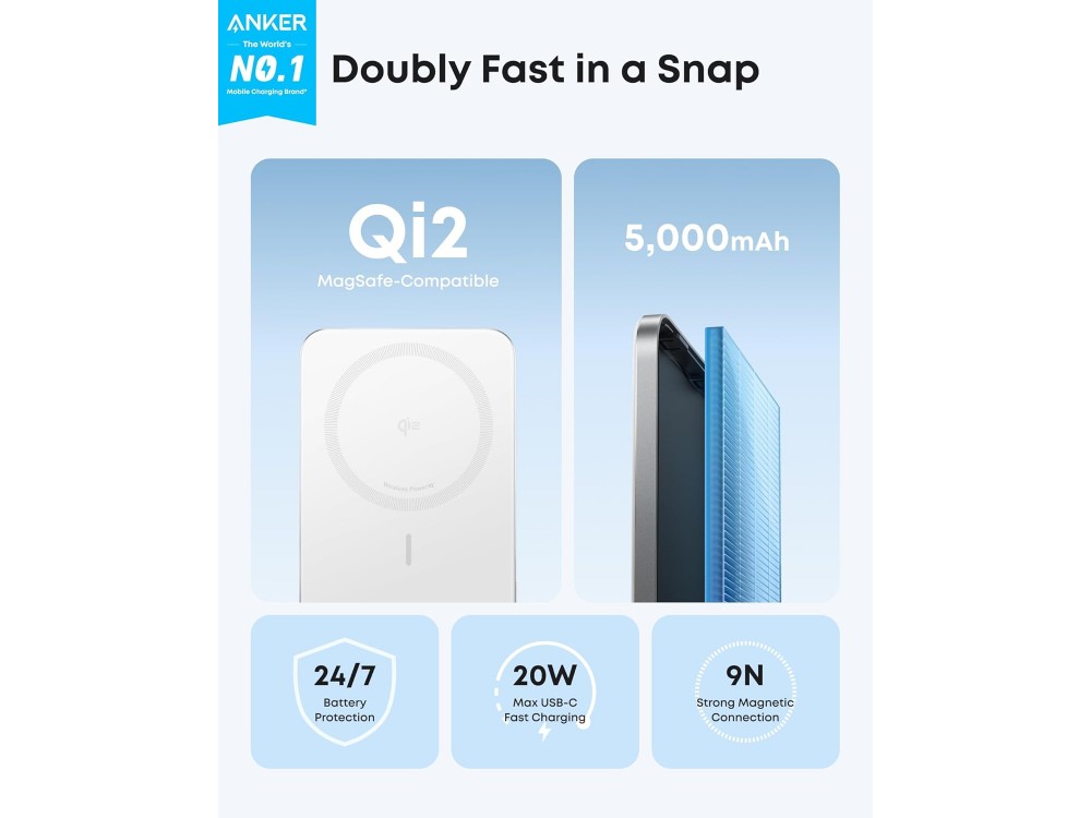 Anker Nano MagSafe Qi2 Certified Magnetic Power Bank 5000mAh 15W Max, Ultra Slim with Ergonomic Design, White