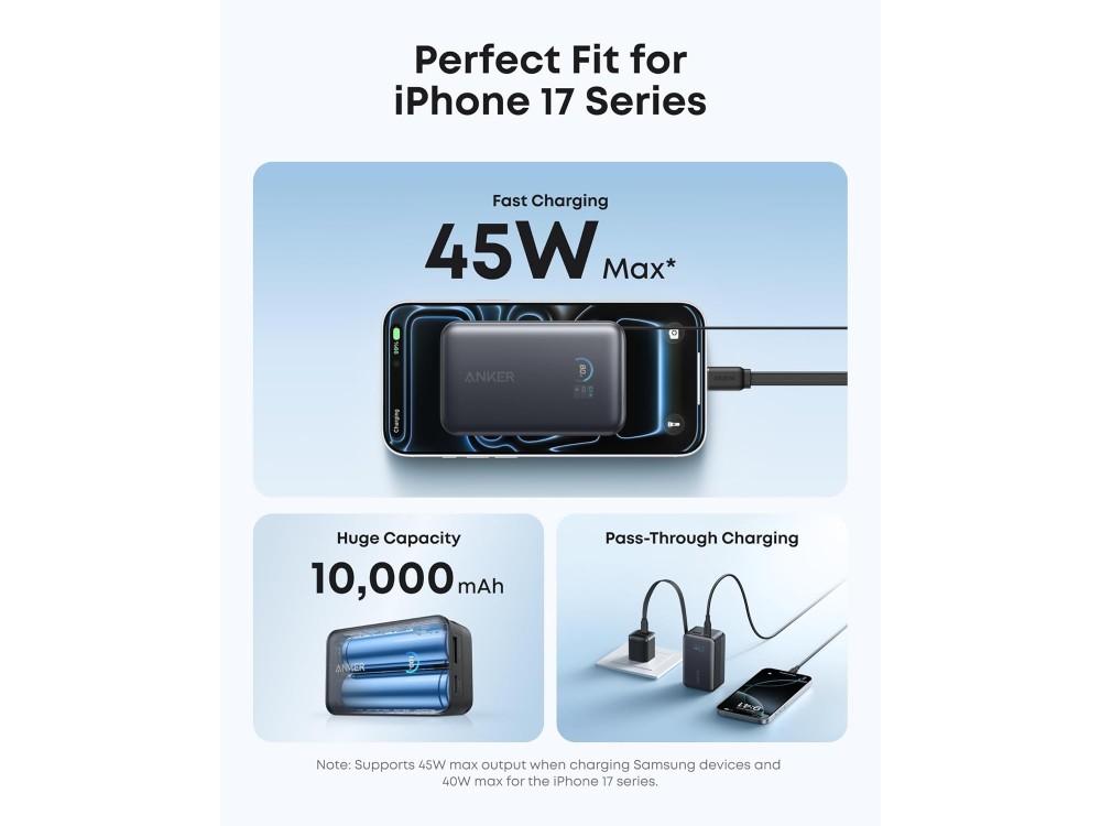 Anker Nano Power Bank 10K, 45W, PowerIQ, PD, 10,000mAh with Built-in USB-C Cable, 2x USB-C & 1x USB-A Ports, Phantom Black