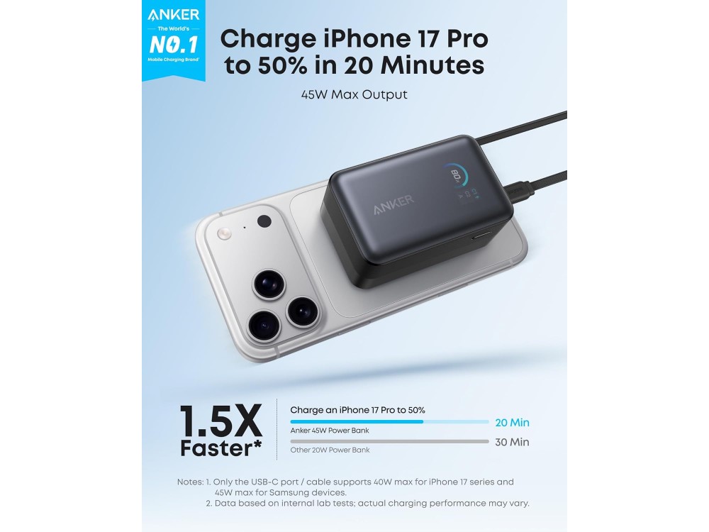 Anker Nano Power Bank 10K, 45W, PowerIQ, PD, 10,000mAh with Built-in USB-C Cable, 2x USB-C & 1x USB-A Ports, Phantom Black