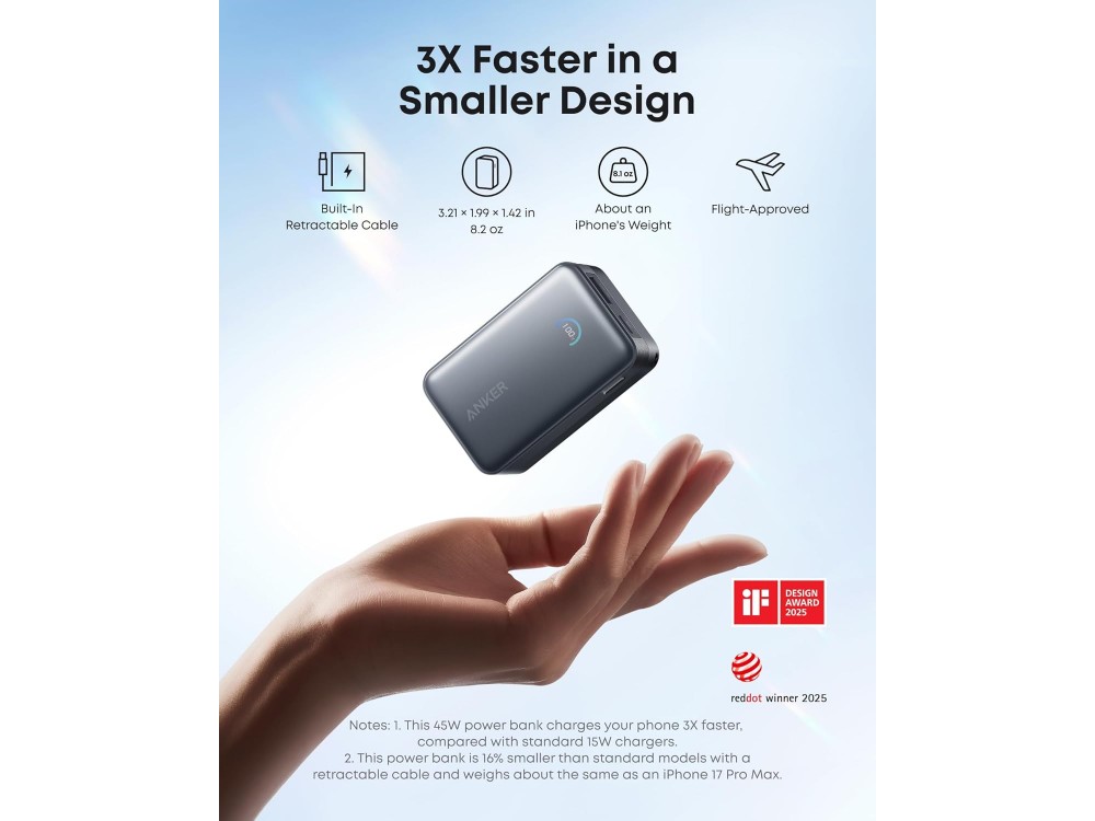 Anker Nano Power Bank 10K, 45W, PowerIQ, PD, 10,000mAh with Built-in USB-C Cable, 2x USB-C & 1x USB-A Ports, Phantom Black