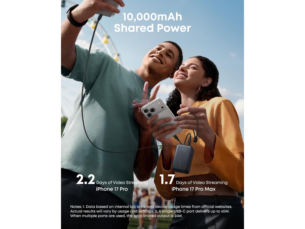 Anker Nano Power Bank 10K, 45W, PowerIQ, PD, 10,000mAh with Built-in USB-C Cable, 2x USB-C & 1x USB-A Ports, Phantom Black