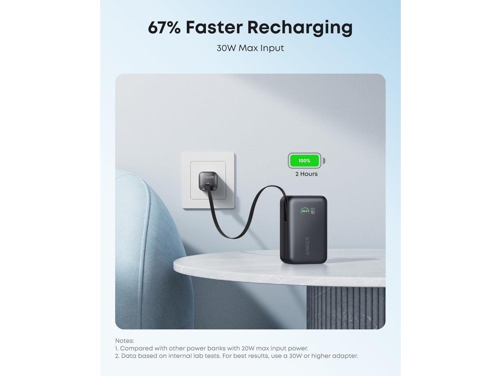 Anker Nano Power Bank 10K, 45W, PowerIQ, PD, 10,000mAh with Built-in USB-C Cable, 2x USB-C & 1x USB-A Ports, Phantom Black