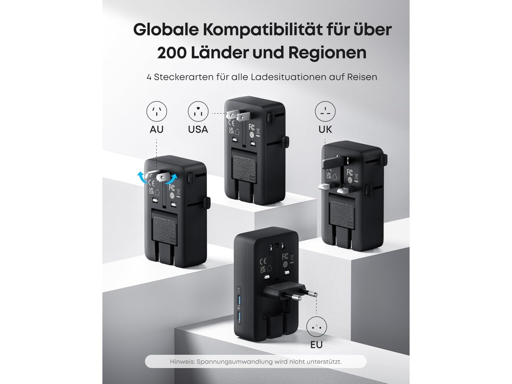 Anker Nano Travel Adapter 5-in-1 20W Travel Adapter with USB-C PD & 2x USB-A, Black