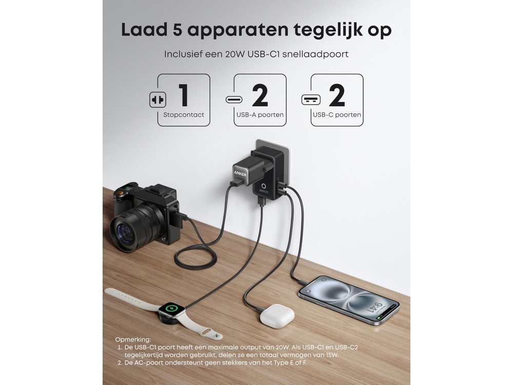 Anker Nano Travel Adapter 5-in-1 20W Travel Adapter with USB-C PD & 2x USB-A, Black
