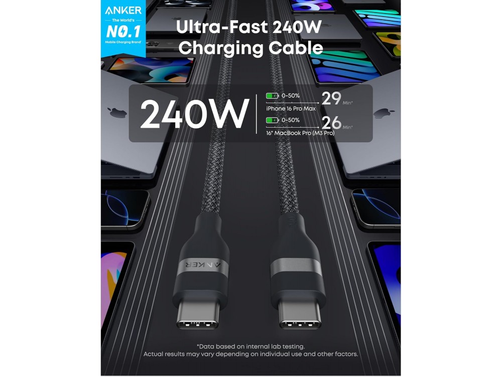 Anker Nano Καλώδιο USB-C σε USB-C 0.9μ. 240W με Νάυλον ύφανση, Black