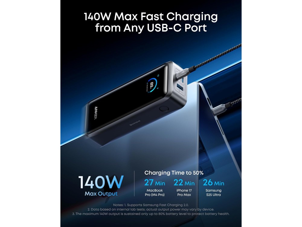 Anker Prime 26250 300W PD USB-C Power Bank 26,250mAh with Smart Digital Display & Power Delivery, Black