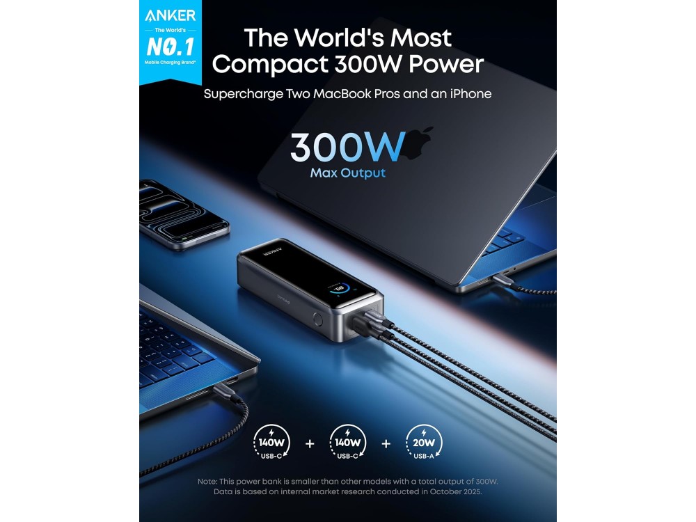 Anker Prime 26250 300W PD USB-C Power Bank 26,250mAh with Smart Digital Display & Power Delivery, Black