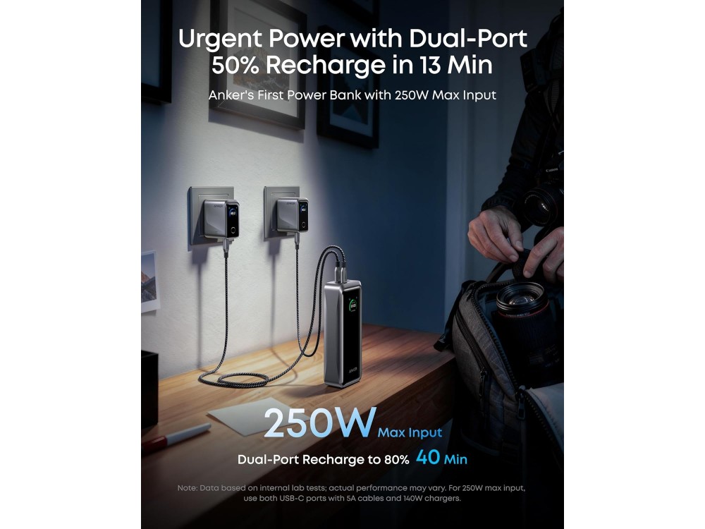 Anker Prime 26250 300W PD USB-C Power Bank 26,250mAh with Smart Digital Display & Power Delivery, Black