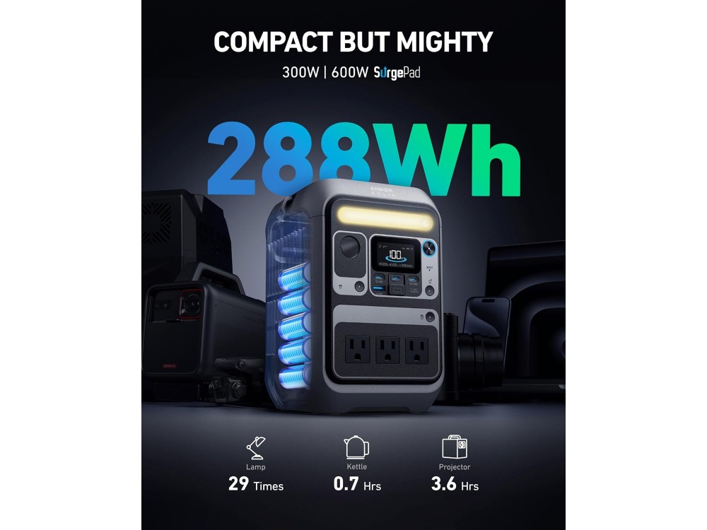 Anker Solix C300X AC Power Station με 288Wh, 90000mAh LiFePO4 Μπαταρία, 300W, 1x USB-A, 3x USB-C, 2x AC, Grey