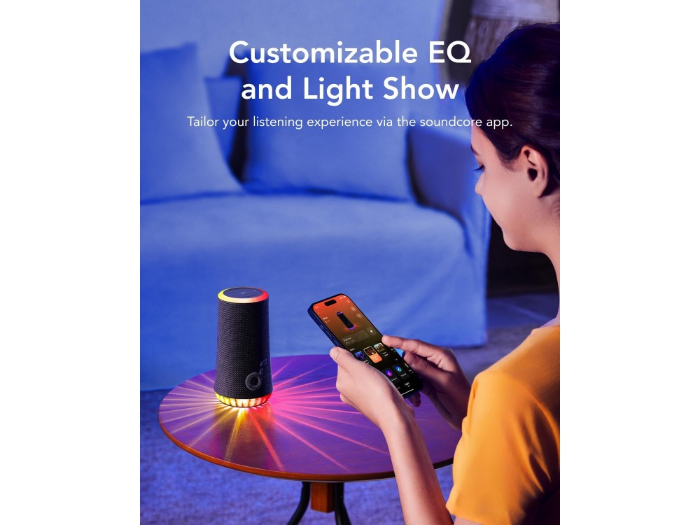 Anker Soundcore Glow, Φορητό Bluetooth Ηχείο 30W με RGB Light Show, App, TWS & PartyCast 2.0, IP67, Black