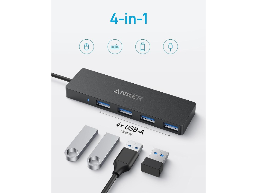 Anker USB-C 4-in-1 Hub με 4 Θύρες USB-A, 5Gbps με Καλώδιο 20cm, Μαύρο