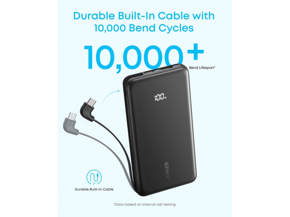 Anker Zolo Power Bank 10,000mAh, 22.5W, with USB-A, USB-C Ports & Built-in USB-C Cable, White