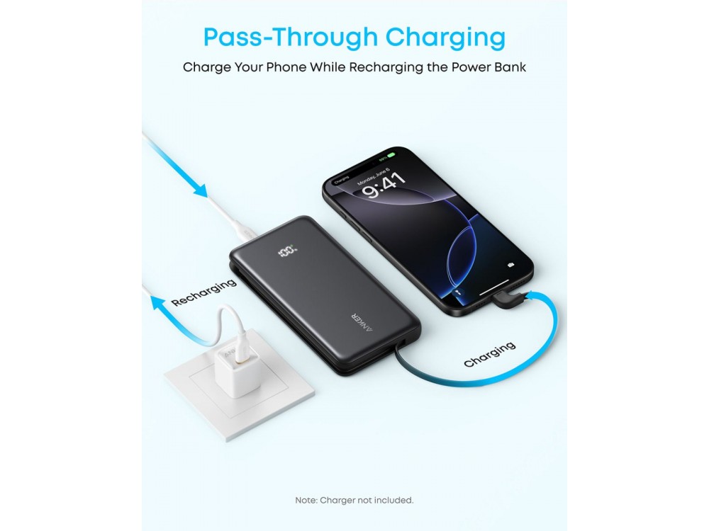 Anker Zolo Power Bank 10,000mAh, 22.5W, with USB-A, USB-C Ports & Built-in USB-C Cable, White