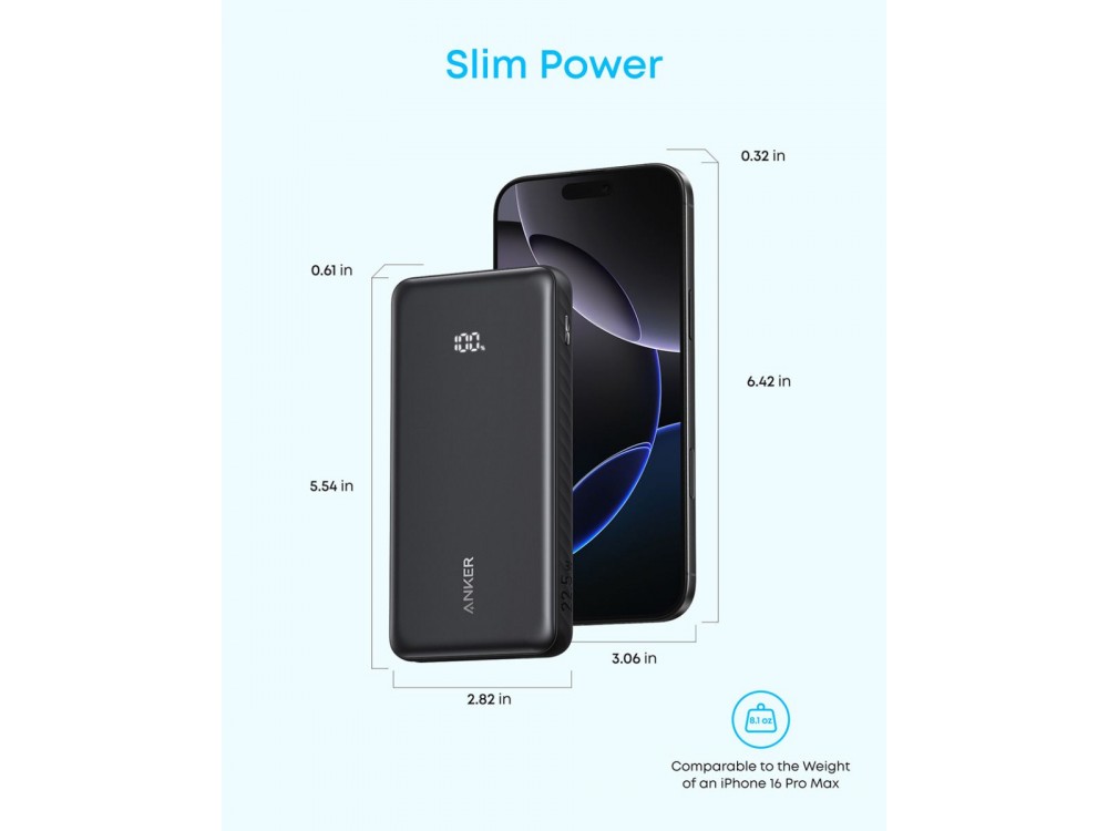 Anker Zolo Power Bank 10,000mAh, 22.5W, with USB-A, USB-C Ports & Built-in USB-C Cable, White