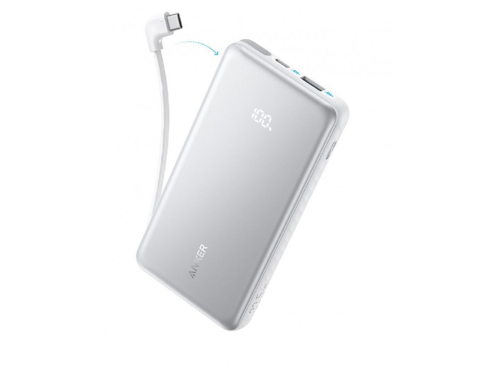 Anker Zolo Power Bank 10,000mAh, 22.5W, with USB-A, USB-C Ports & Built-in USB-C Cable, White