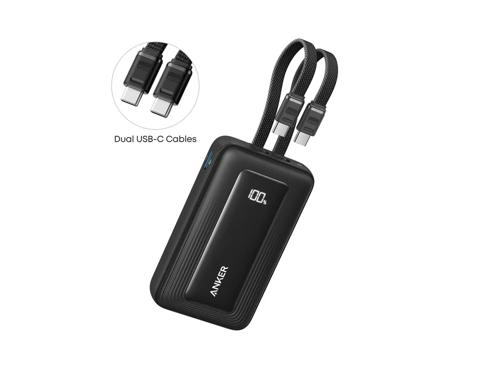 Anker Zolo Power Bank 10,000mAh, 35W, with USB-A, USB-C Ports & 2 Built-in USB-C Cables, Black