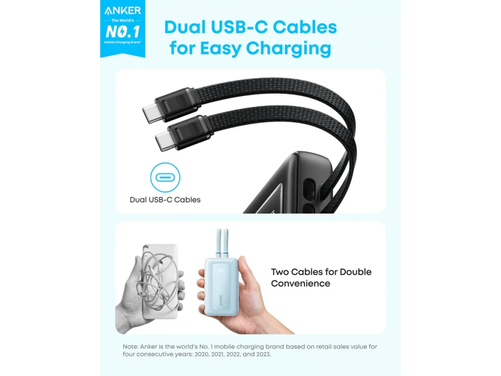 Anker Zolo Power Bank 10,000mAh, 35W, with USB-A, USB-C Ports & 2 Built-in USB-C Cables, Black