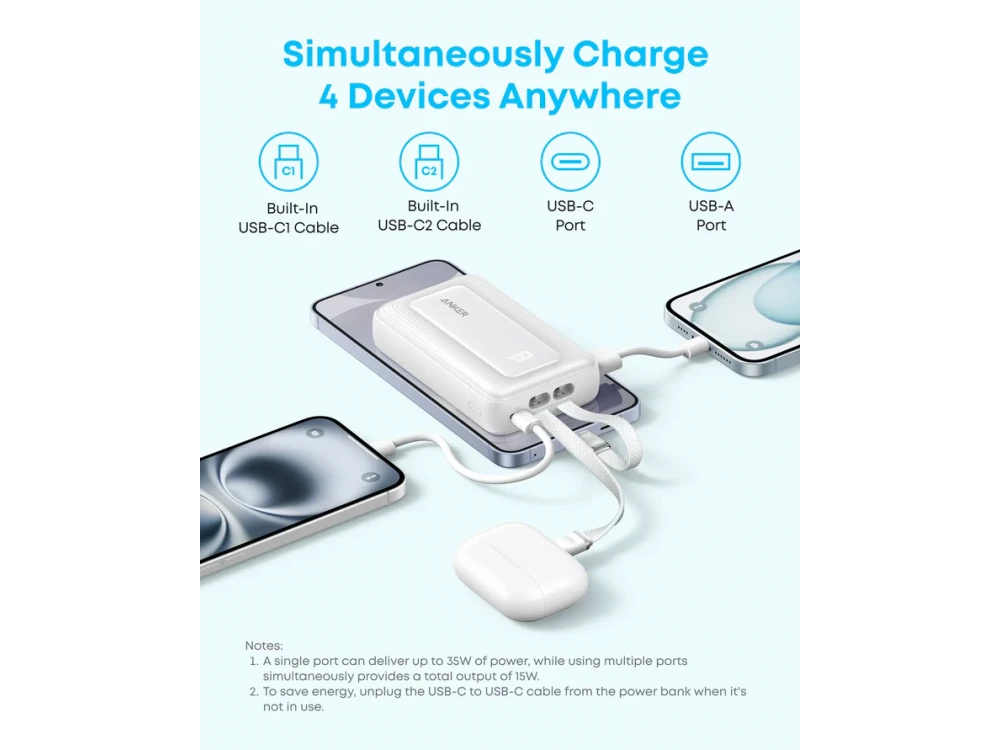 Anker Zolo Power Bank 10,000mAh, 35W, with USB-A, USB-C Ports & 2 Built-in USB-C Cables, Black