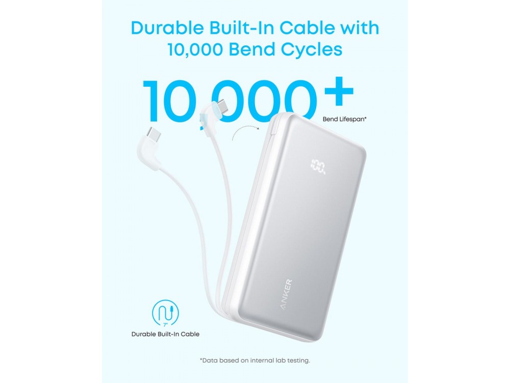 Anker Zolo Power Bank 20,000mAh, 22.5W, with USB-A, USB-C Ports & Built-in USB-C Cable, White