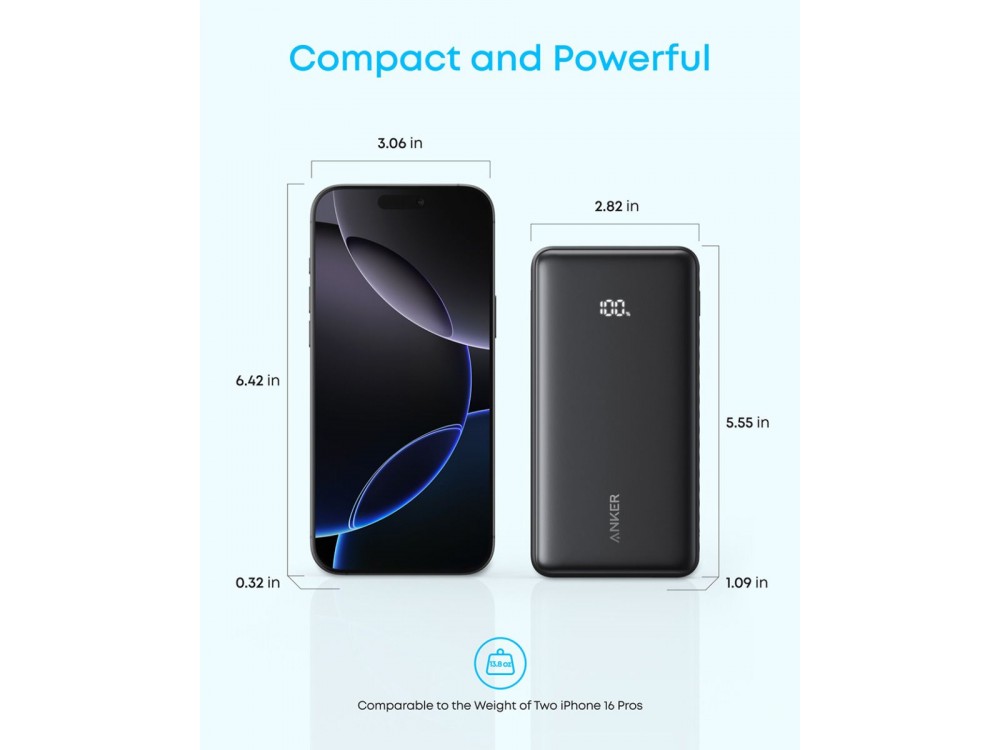 Anker Zolo Power Bank 20,000mAh, 22.5W, with USB-A, USB-C Ports & Built-in USB-C Cable, White