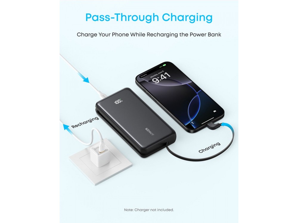 Anker Zolo Power Bank 20,000mAh, 22.5W, with USB-A, USB-C Ports & Built-in USB-C Cable, White