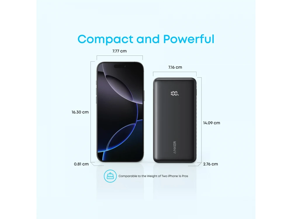 Anker Zolo Power Bank 20,000mAh, 22.5W, with USB-A, USB-C Ports & Built-in USB-C Cable, Black