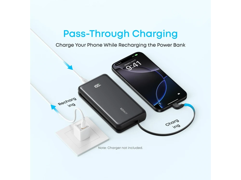Anker Zolo Power Bank 20,000mAh, 22.5W, with USB-A, USB-C Ports & Built-in USB-C Cable, Black