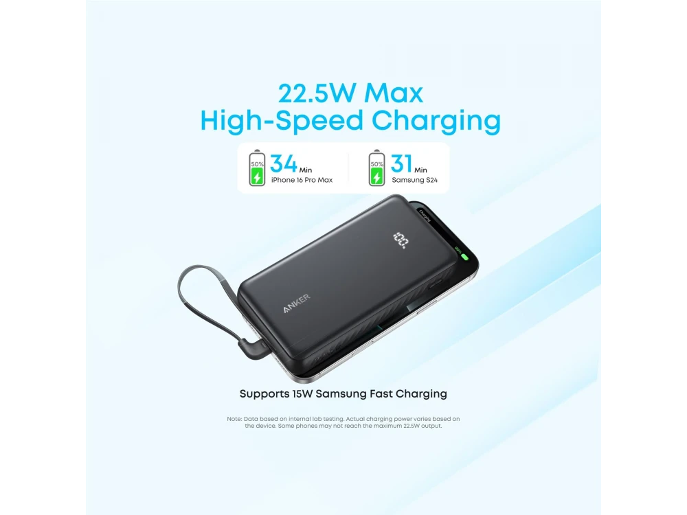 Anker Zolo Power Bank 20,000mAh, 22.5W, with USB-A, USB-C Ports & Built-in USB-C Cable, Black
