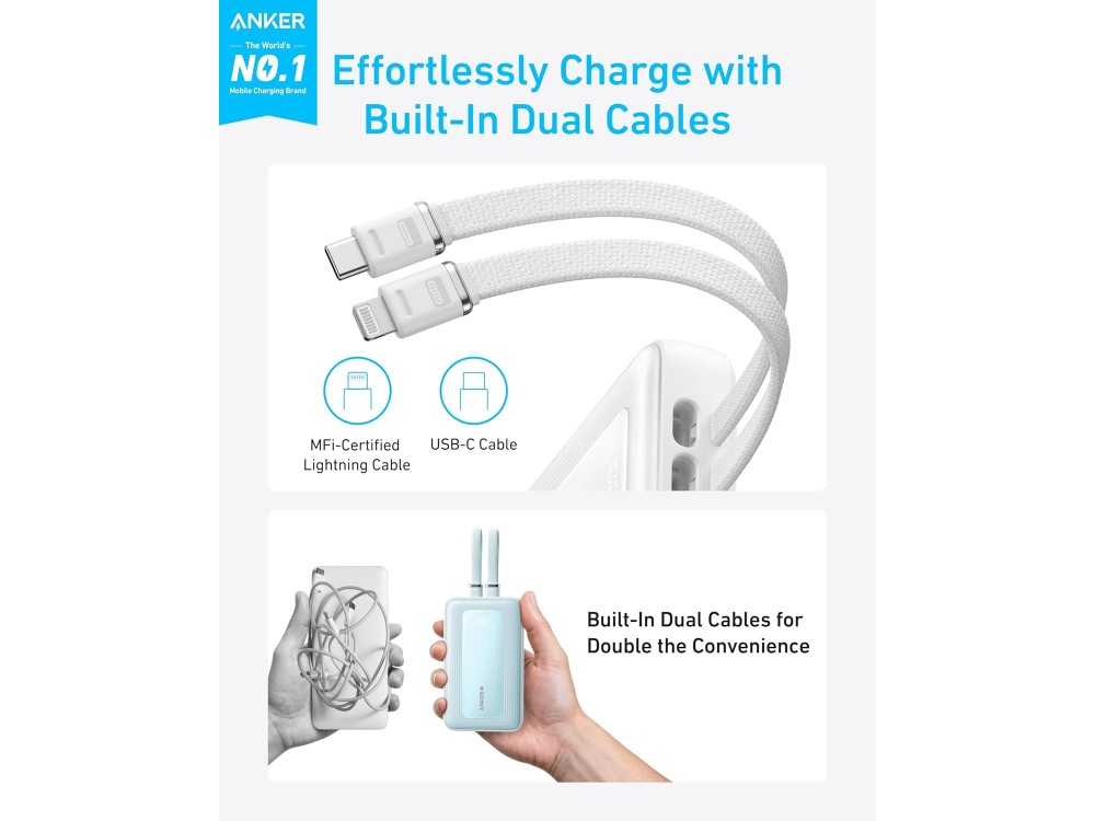Anker Zolo Power Bank 20,000mAh, 30W, with USB-A, USB-C Ports & 2 Built-in USB-C & Lightning Cables, White