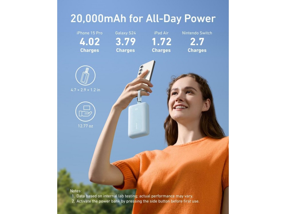 Anker Zolo Power Bank 20,000mAh, 30W, with USB-A, USB-C Ports & 2 Built-in USB-C & Lightning Cables, White
