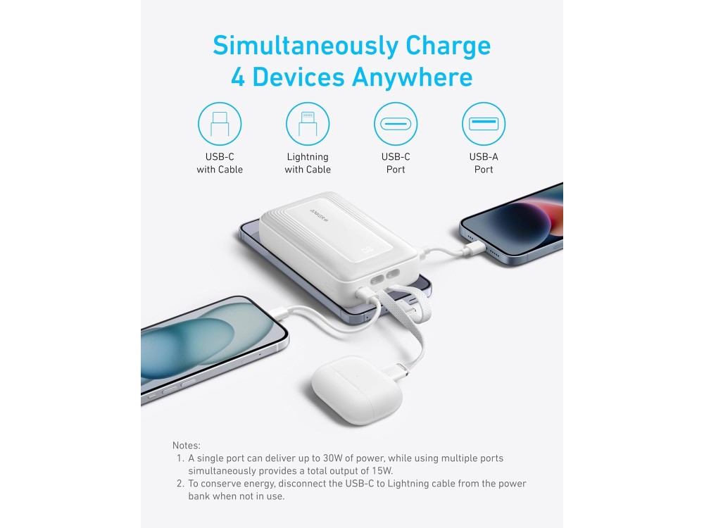 Anker Zolo Power Bank 20,000mAh, 30W, with USB-A, USB-C Ports & 2 Built-in USB-C & Lightning Cables, White