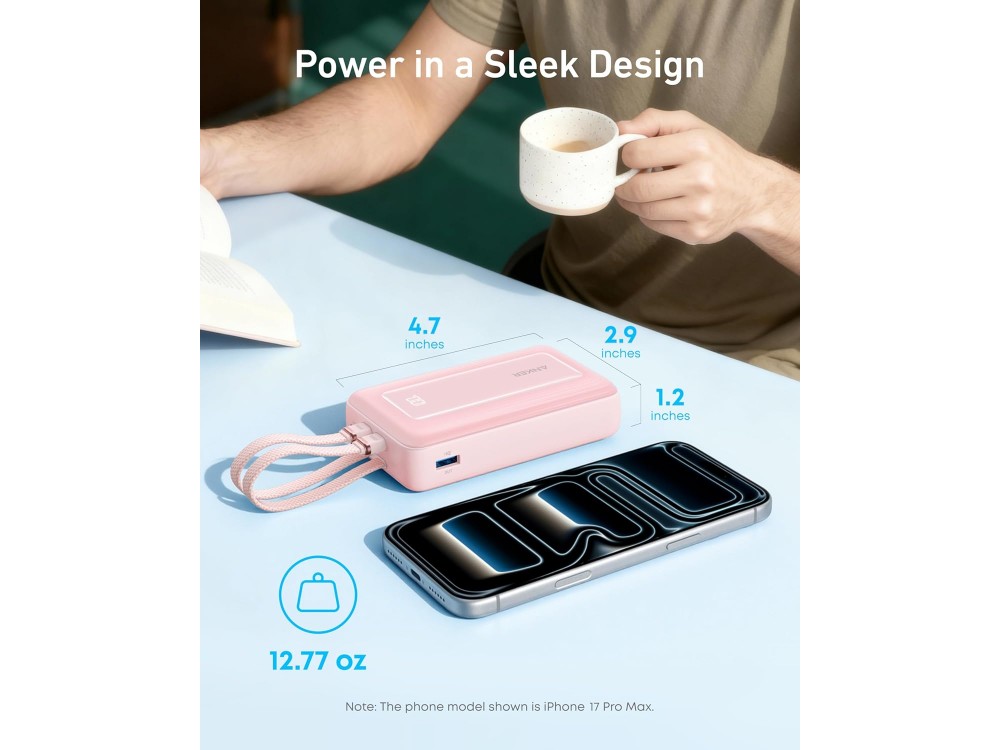 Anker Zolo Power Bank 20,000mAh, 30W, with USB-A, USB-C Ports & 2 Built-in USB-C & Lightning Cables, White