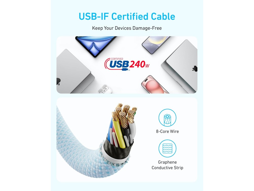 Anker Zolo USB-C σε USB-C Καλώδιο 1μ. με Νάυλον ύφανση 240W USB-IF Certified Super Fast Charging, White