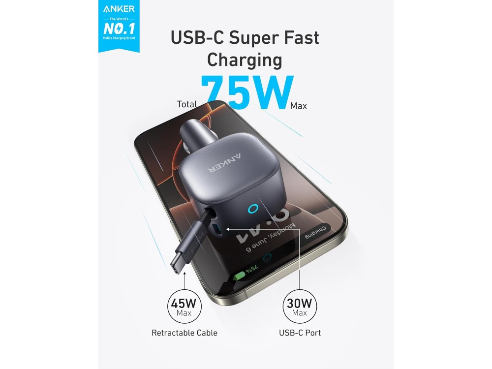 Anker Φορτιστής Αυτοκινήτου 75W με Ενσωματωμένο Καλώδιο USB-C έως 75cm & Θύρα USB-C, Grey