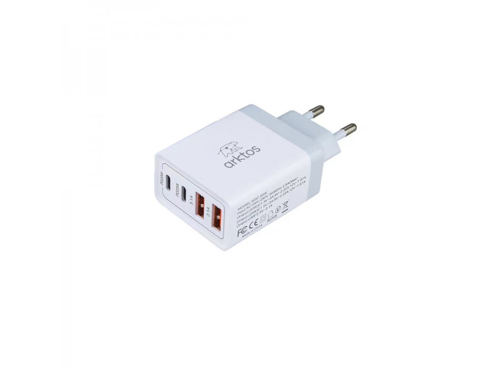 Arktos HyperCharge Quattro 55W, 4-Port 55W Wall Charger with Power Delivery / QC3.0 & PPS, WhiteArktos HyperCharge Quattro 55W, 4-Port Wall Charger 55W with Power Delivery / QC3.0 & PPS, White