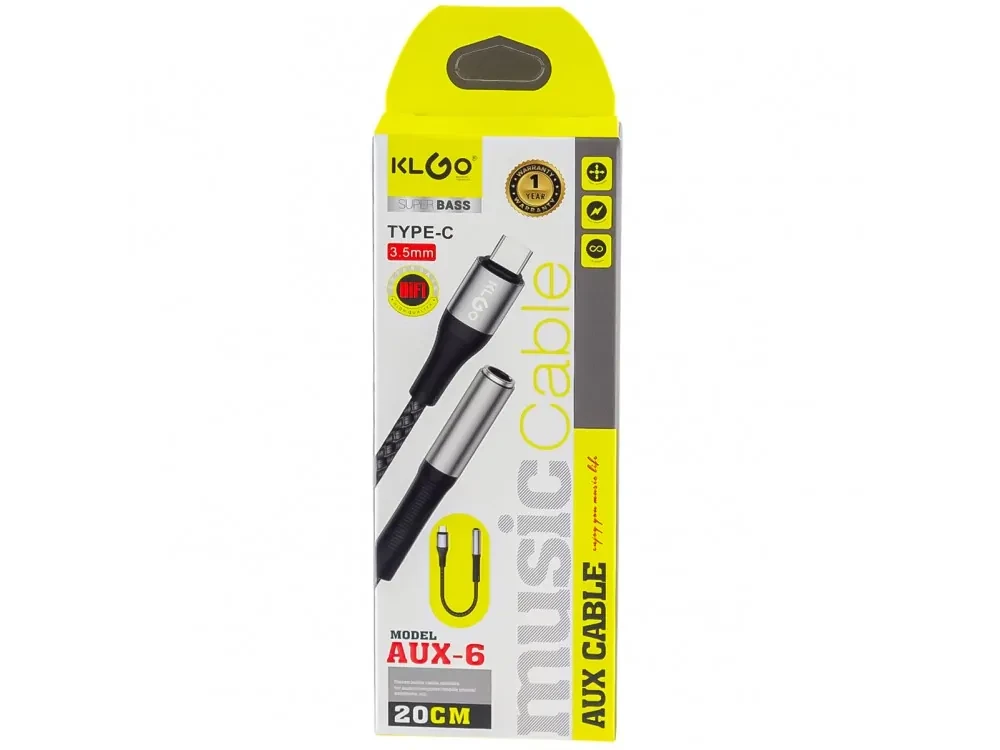 KLGO AUX-6 3.5mm AUX Audio Adapter to Type-C Headphone Adapter 3.5mm Audio Jack Female to Type-C Male with Nylon Braid, Black