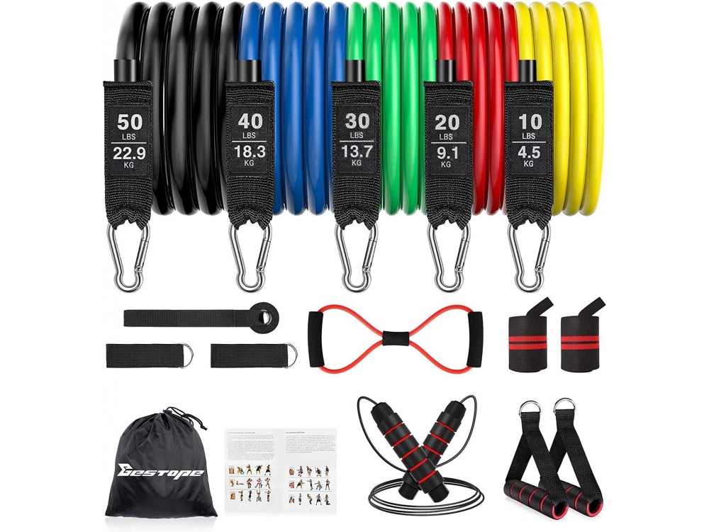 BESTOPE Resistance Bands Set, with 5 bands, Handles, Wrist Wraps, Door Anchor, Ankle Straps, Manual & Carrying Case