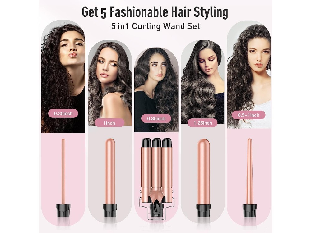 BESTOPE Waver 5 in 1 Curling Iron Wand Set, Κεραμικό Σίδερο για μπούκλες, με Ρύθμιση Θερμοκρασίας, Περιλαμβάνει Γάντι + 2 Clips