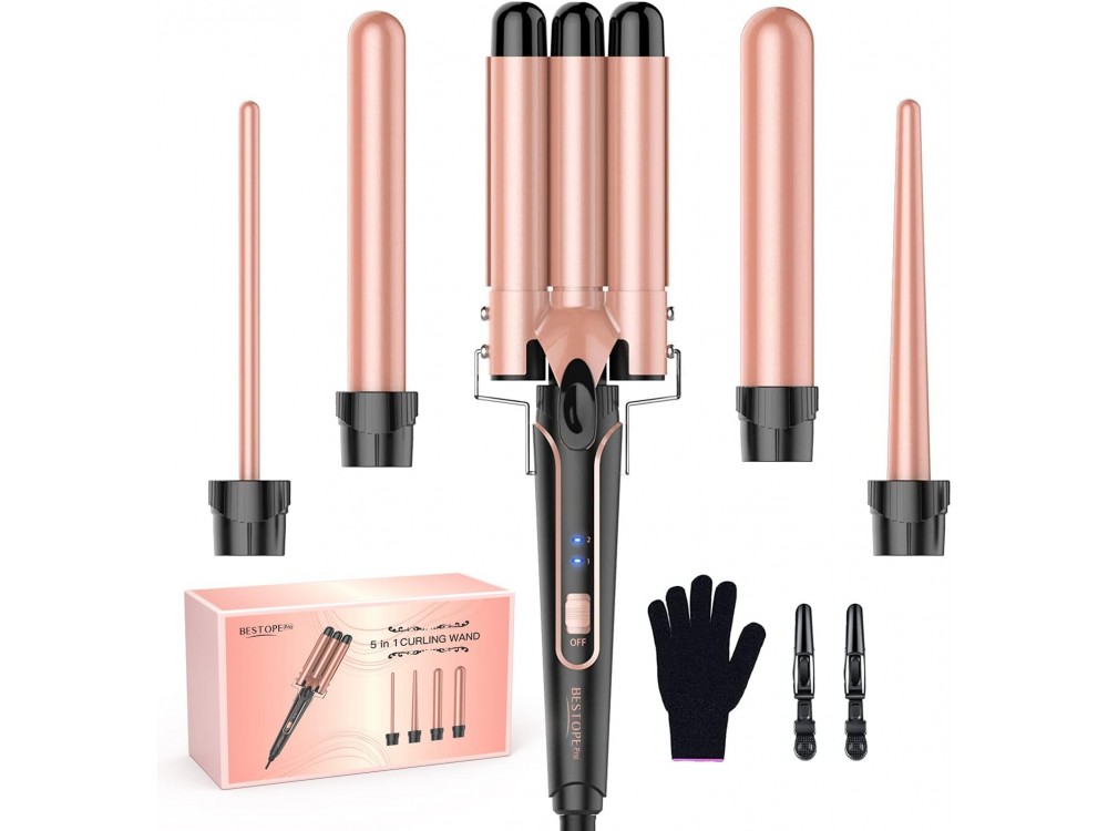 BESTOPE Waver 5 in 1 Curling Iron Wand Set, Κεραμικό Σίδερο για μπούκλες, με Ρύθμιση Θερμοκρασίας, Περιλαμβάνει Γάντι + 2 Clips
