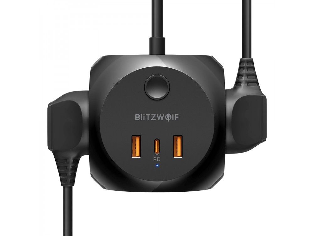 Blitzwolf BW-PC1 PowerCube Πολύπριζο Ασφαλείας 3 Πριζών & 2*USB-A + 1*USB-C με Βάση Τοποθέτησης, Καλώδιο 1.5Μ Καλώδιο, Black