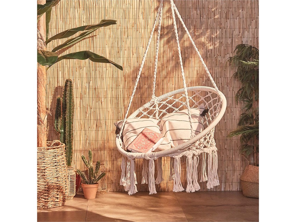 VonHaus Boho Rope Hanging Chair, Αιώρα / Πολυθρόνα Μονή Bohemian Style 83 X 80cm, Cream