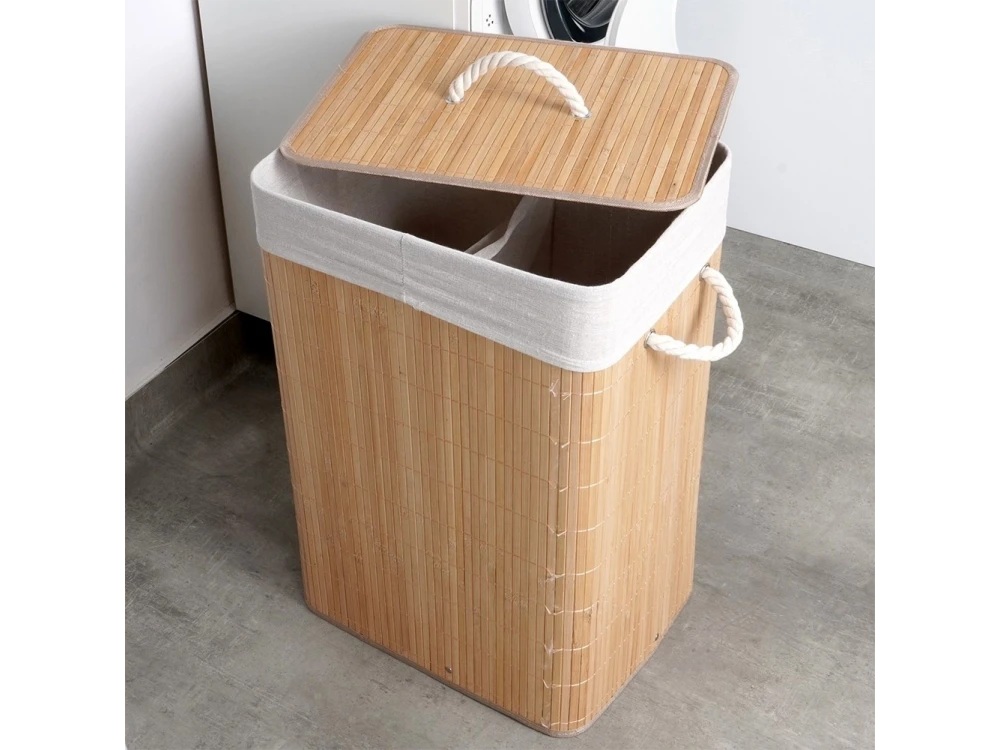 Vilde Καλάθι για Άπλυτα από Μπαμπού 70L 40x30x60cm, 2 διαμερισμάτων με Καπάκι, Beige