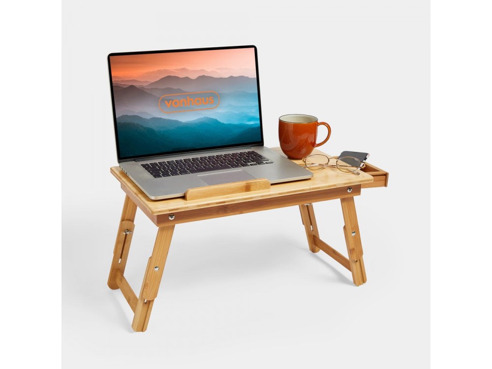 VonHaus Bamboo Tablet & Laptop Table, Tilted and foldable, Brown - 08/063