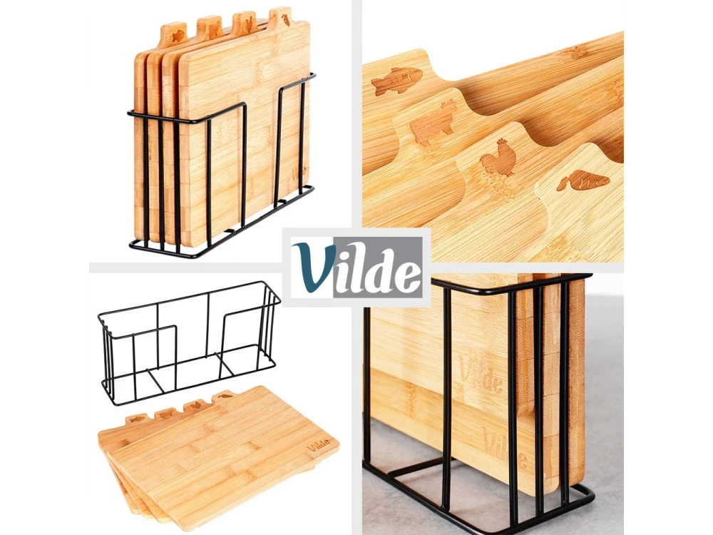 Vilde Premium Chopping Boards Bamboo with Stand, Σετ 4 Επιφάνεις Κοπής από Μπαμπού 28x20cm με Σταντ