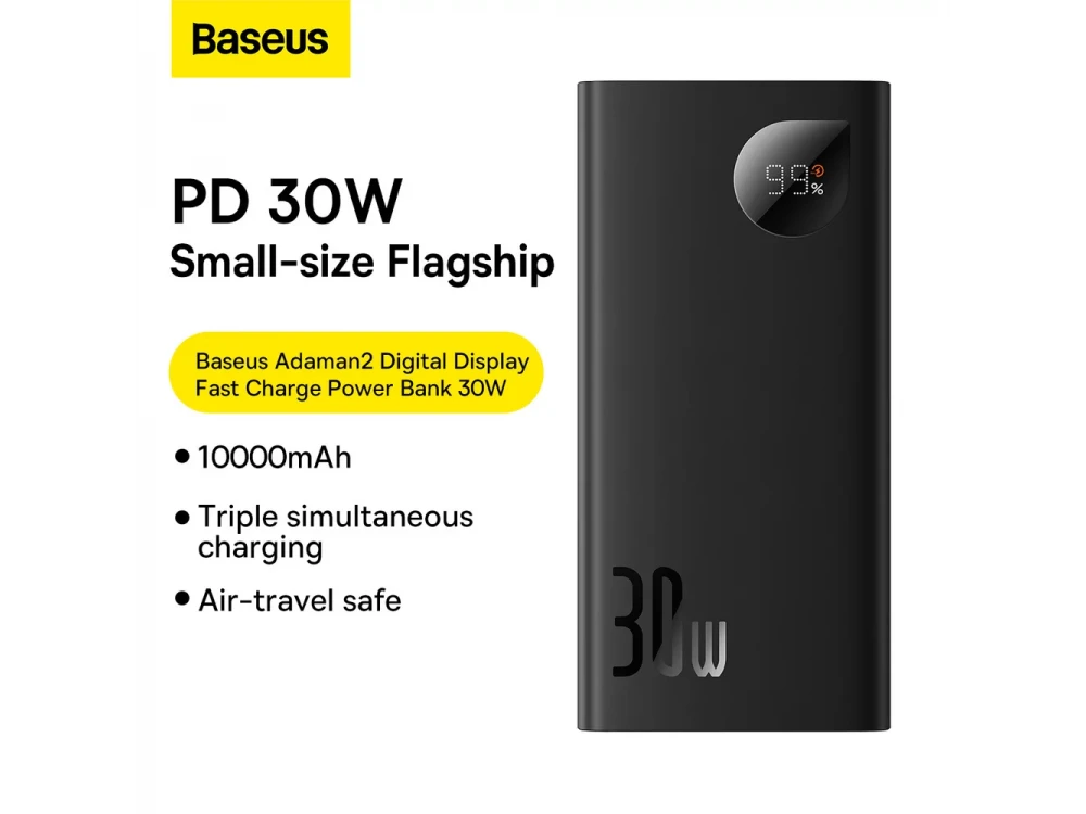 Baseus Adaman2 Power Bank 10000mAh 30W με 2 Θύρες USB-A και 1 Θύρα USB-C Power Delivery / Quick Charge 3.0, Μαύρο