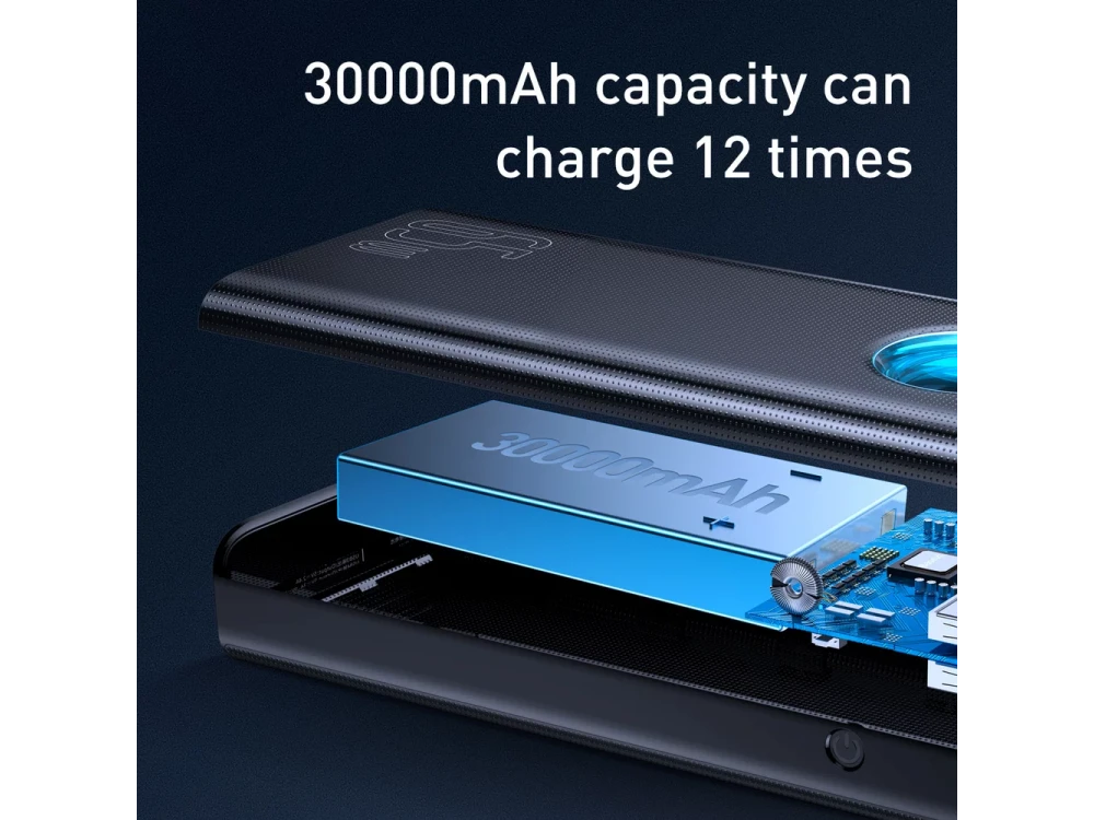 Baseus Amblight Power Bank 30000mAh 65W με 4 Θύρες USB-A & 1 Θύρα USB-C Power Delivery / Quick Charge 3.0, Μαύρο