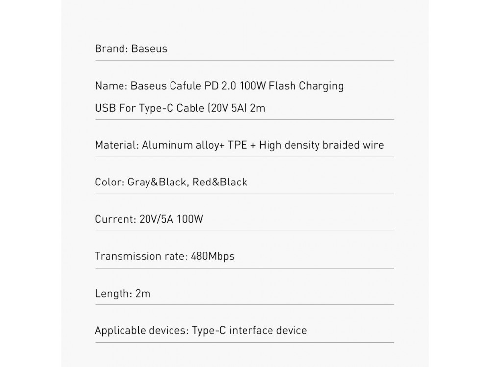 Baseus Cafule USB-C to USB-C Cable 2m. with Nylon Braded and Support PD3.0/QC4.0/FCP & 5A / 100W, Silver / Black