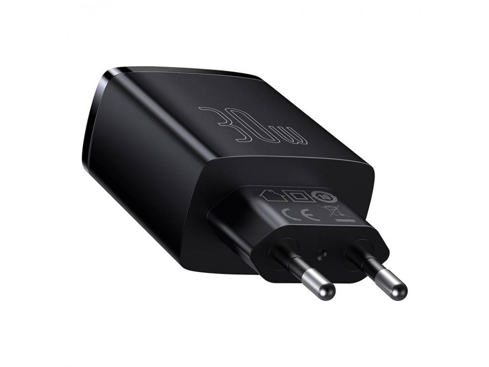 Baseus Compact Φορτιστής Πρίζας 3-θυρών 30W με Power Delivery και Quick Charge 3.0, Μαύρος