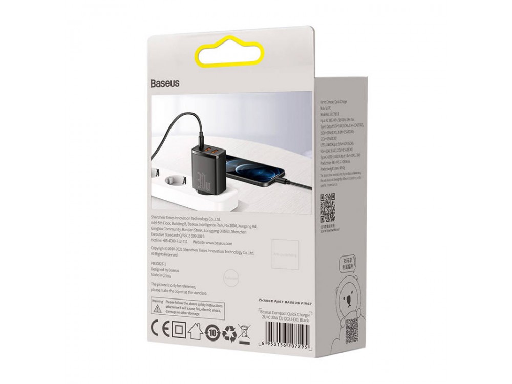 Baseus Compact Φορτιστής Πρίζας 3-θυρών 30W με Power Delivery και Quick Charge 3.0, Μαύρος