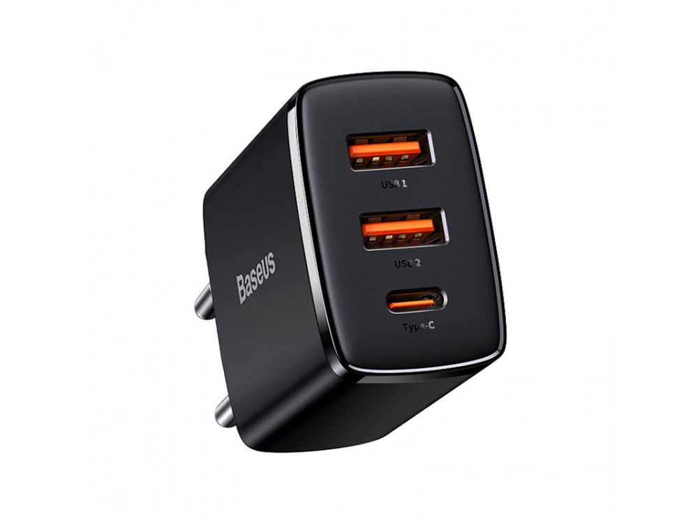 Baseus Compact 3-Port Socket Charger 30W with Power Delivery and Quick Charge 3.0, Black